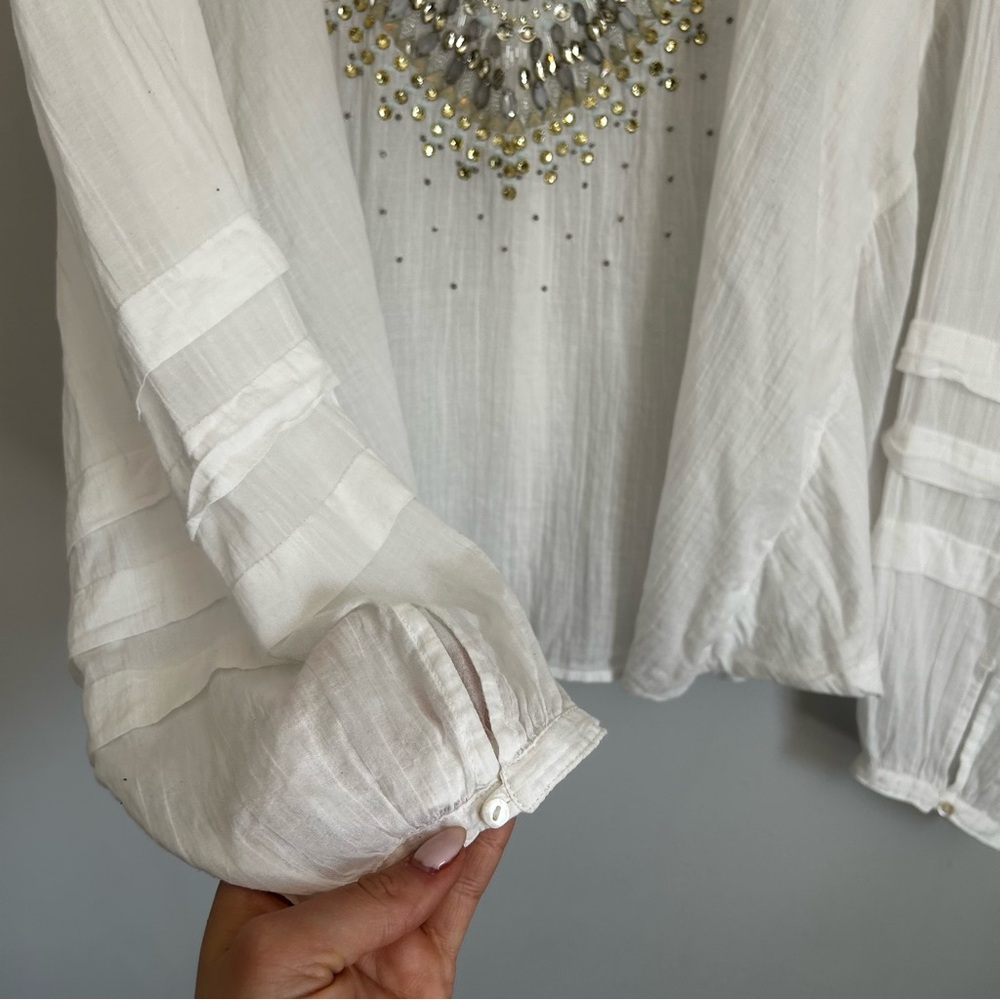 FREE PEOPLE Heart of Gold Blouse White Embellished Cutout-Neck Blouse size large - Picture 11 of 14